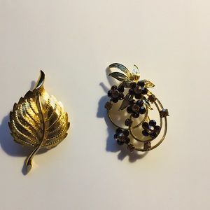 Vintage leaf and flower with stones brooches